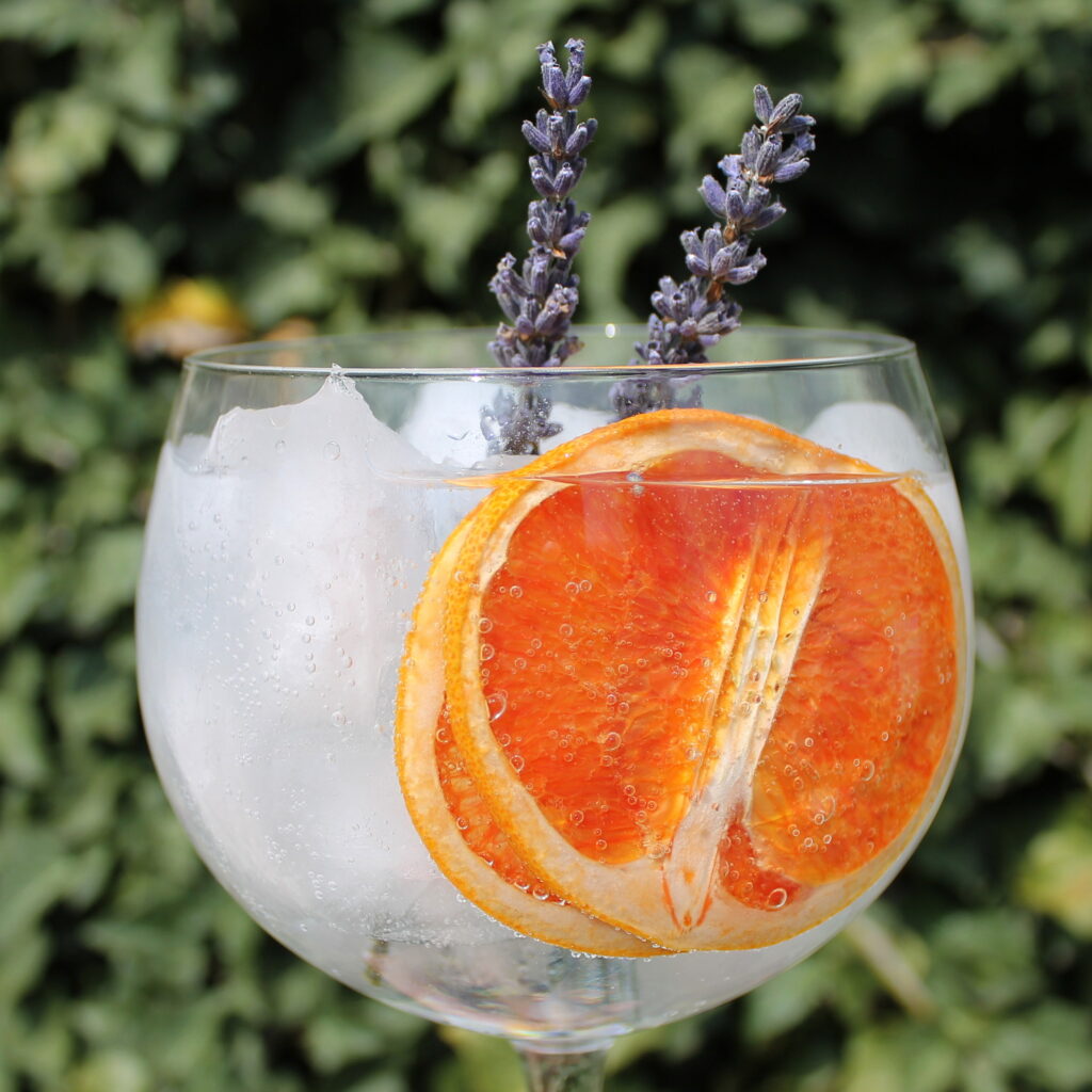 Bulldog gin & Thomas Henry tonic s grapefruitem a levandulí